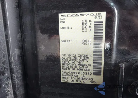 2013 Nissan Maxima S/Sv from USA, damaged, VIN 1N4AA5AP9DC835552